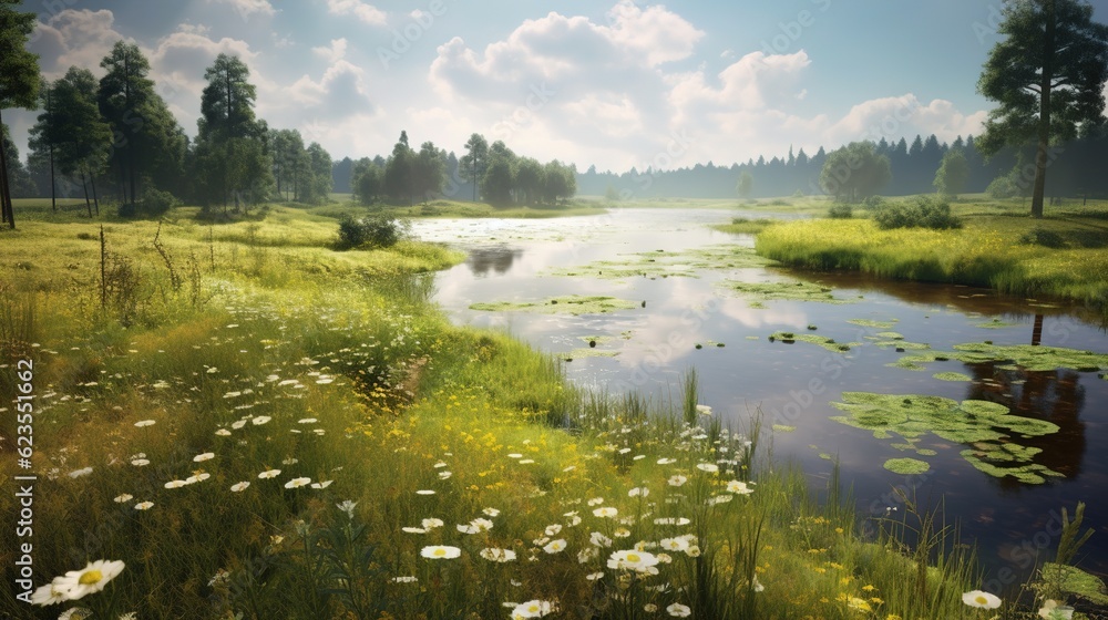 The landscape of the beautiful countryside. grassy field and gentle hills Generative AI