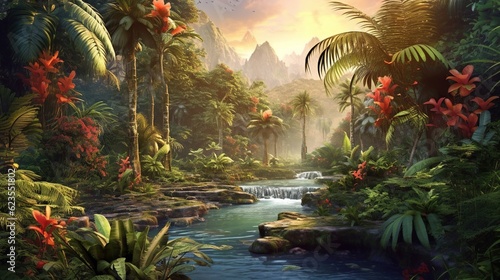 exotic landscape, palm trees mountains. Generative AI