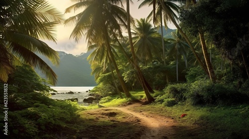exotic landscape  palm trees mountains. Generative AI