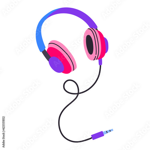 Classic 80s 90s headphones in modern style flat, line style. Hand drawn vector. Fashion patch, badge, emblem.