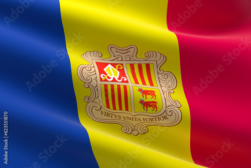 Flag of Andorra. 3d illustration of the andorran flag waving. photo