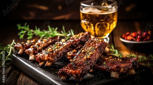 Glass of beer and grilled pork ribs with rosemary on a wooden board. Copy space. Generative AI