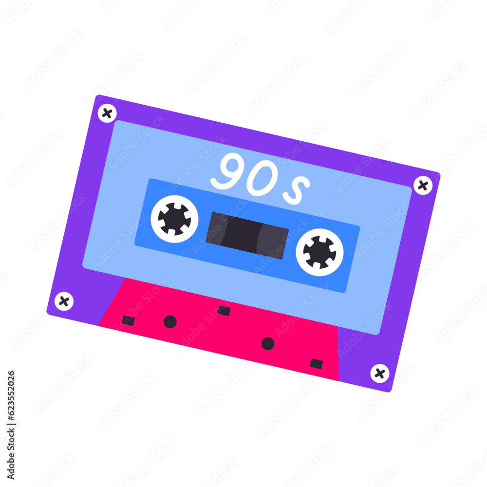 Naklejka premium Classic 80s 90s audio cassette in modern style flat, line style. Hand drawn vector. Fashion patch, badge, emblem.