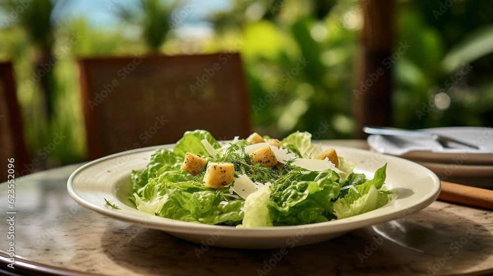 Caesar salad plate in the restaurant universal new quality colorful technology, image illustration design, generative artificial intelligence
