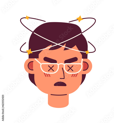 Asian eyeglasses man feeling dizzy semi flat vector character head. Japanese male with vertigo. Editable cartoon avatar icon. Face emotion. Colorful spot illustration for web graphic design, animation