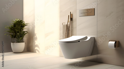 Fényképezés Modern, luxury wall hung toilet bowl, closed seat with dual flush, reeded glass