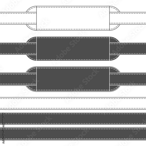 Set of black and white illustrations of belt with tag. Isolated vector object on white background.