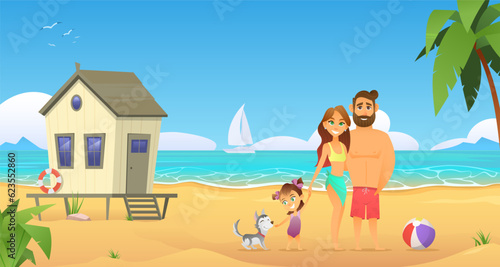 Happy family standing in front of beautiful tropical paradise sea beach. Father, mother and little daughter with dog. Beach house behind. Summer vacation. Vector cartoon flat illustration © Andrew Care