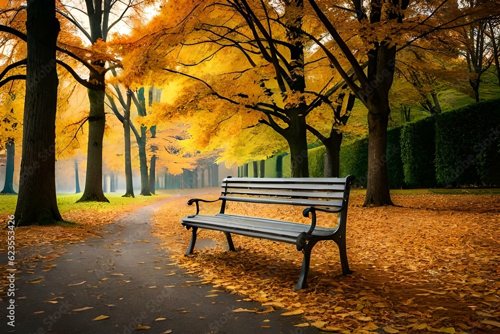 bench in autumn park on the side of a path, Generative Ai technology