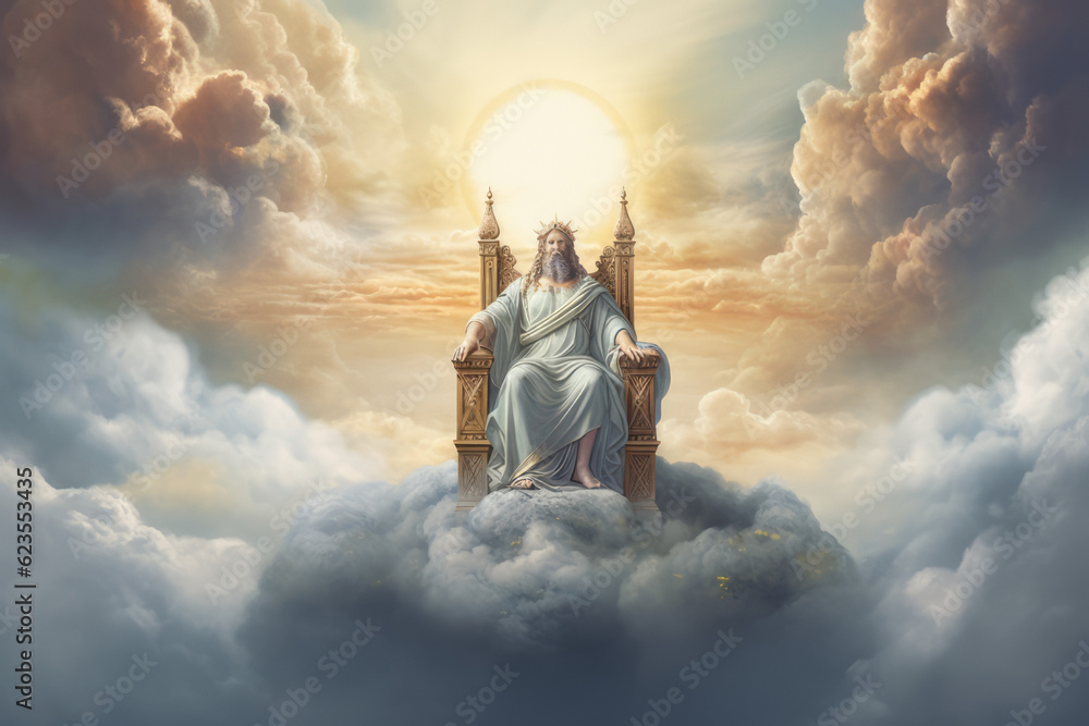 Jesus on a throne in heaven with bright light behind Stock Photo ...
