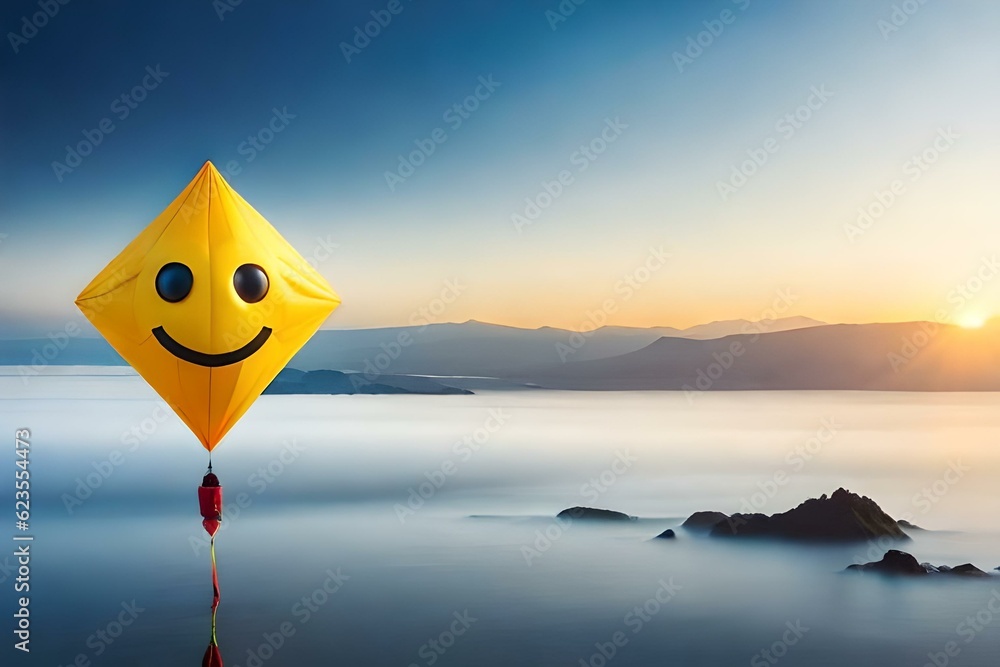 flying kite on the beach in yellow color with smiling emoji on it