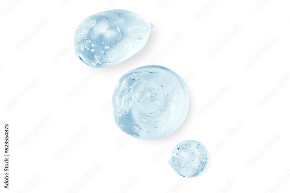 Composition of smears and drops or drops of a transparent blue gel, serum. On an empty transparent background. Composition of smears and drops or drops of a transparent blue gel, serum. On an empty transparent background.