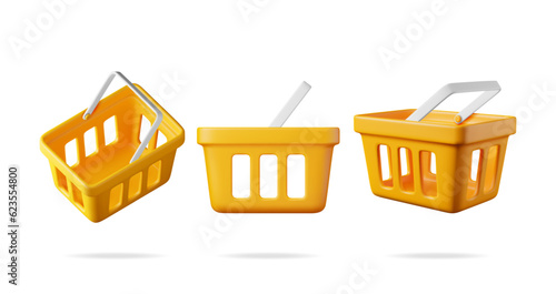 3D Orange Plastic Shopping Basket from Different Angles Set Isolated. Render Collection of Realistic Shopping Cart Icon. Empty Shopping Supermarket Basket Front View. Cartoon Vector Illustration
