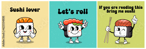 Cute funny retro sushi and rolls characters with quotes. Vector illustration.