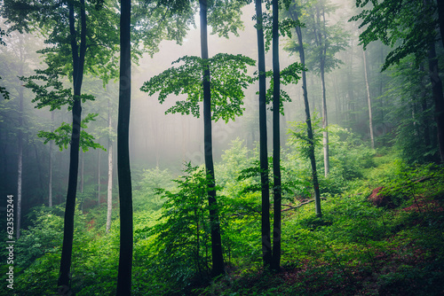 Fototapeta Naklejka Na Ścianę i Meble -  Fog in the misty green forest