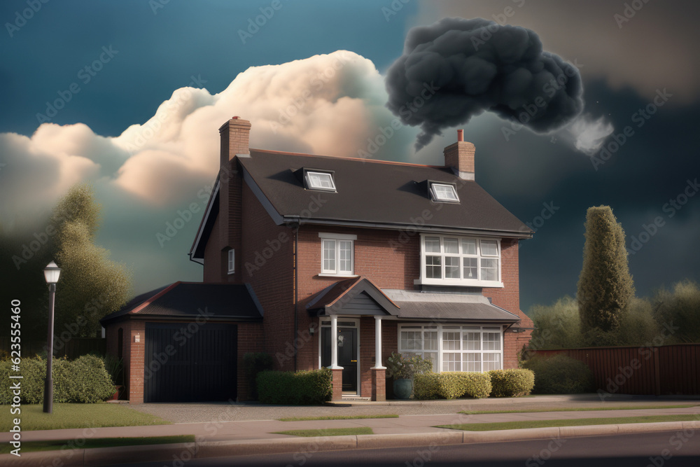 Cartoon house with dark storm clouds above