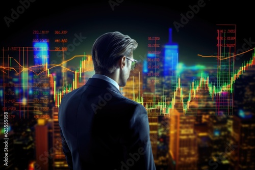 Stock market crash, man looks worried at financial graph charts, candlestick charts, double exposure, created with Generative AI