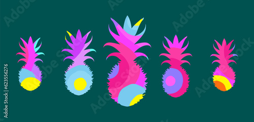 Set of pineapples. Bright multi-colored pineapples in the style of pop-art and memphis. Healthy vegetarian dessert for detox and weight loss. Vector isolated on green background