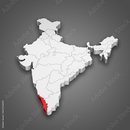 Kerala state location within India map. 3D Illustration