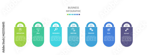 Business infographics line process with template with icons and 7 options or steps.infographics of business aspiration,idea,research,meeting,process,goal,report.for infographics design template