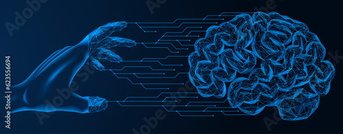Connecting to an artificial brain. A polygonal object of lines and points. Blue background.