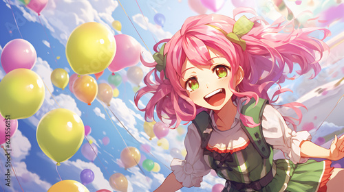 A cheerful anime girl with vibrant pink hair and a playful expression with balloons.