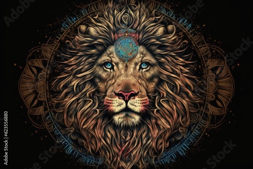 Art illustration - lion head in creative style. Mandala, ethnic design. Generative AI