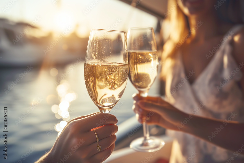 Friends clinking sparkling wine glasses at sunset on a yacht. Generative AI illustration Friends clinking sparkling wine glasses at sunset on a yacht. Generative AI illustration