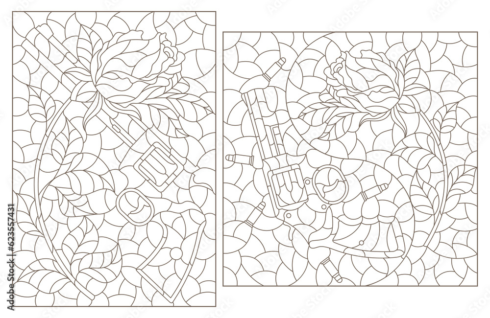 A set of contour illustrations in the style of stained glass with compositions of revolvers and roses, isolated on a white background