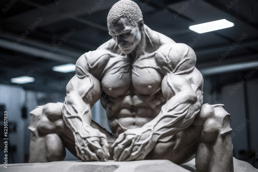 Obraz premium Veiny strong bodybuilder, big muscles, sculpted from clay
