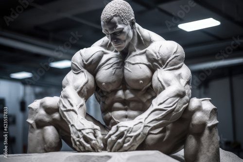 Veiny strong bodybuilder, big muscles, sculpted from clay
