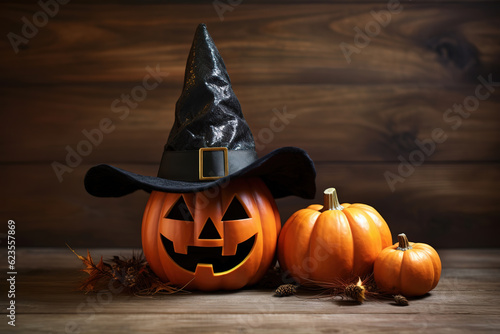 Jack-o-lantern pumpkin with witch hat on wooden table, generative ai 