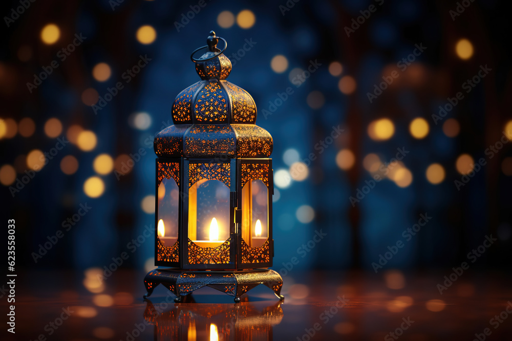 Ornamental Arabic lantern with burning candle glowing at night mosque background, generative ai Ornamental Arabic lantern with burning candle glowing at night mosque background, generative ai