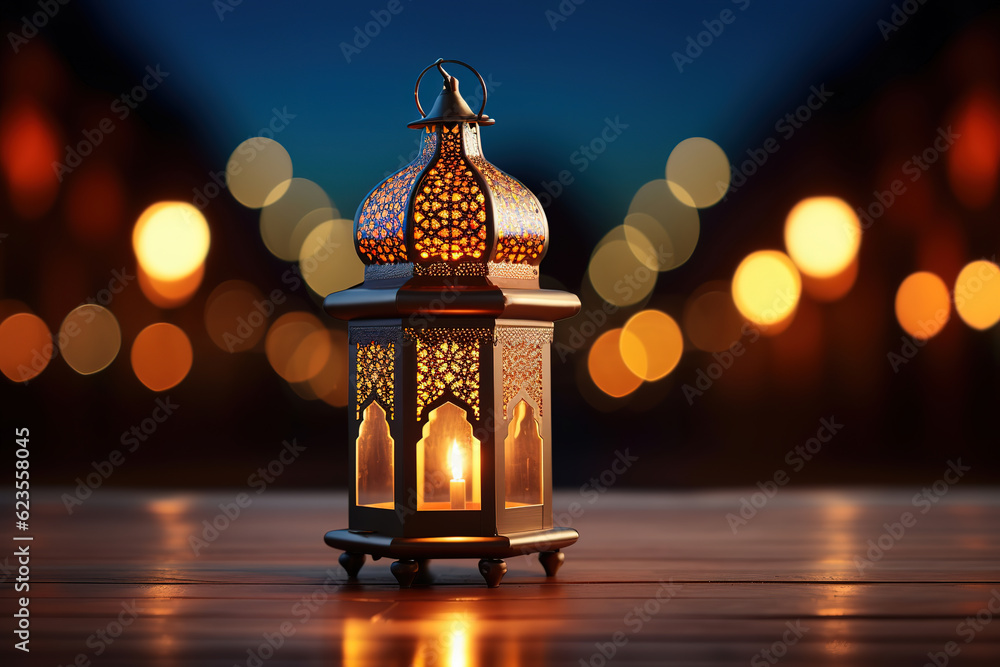 Ornamental Arabic lantern with burning candle glowing at night mosque background, generative ai Ornamental Arabic lantern with burning candle glowing at night mosque background, generative ai