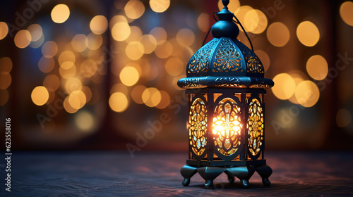 Ornamental Arabic lantern with burning candle glowing at night mosque background, generative ai 