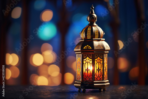 Ornamental Arabic lantern with burning candle glowing at night mosque background, generative ai 