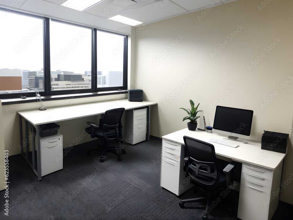 Bright indoor interior work office display. Workplace 3d. Study room 3d. Blank room Bright indoor interior work office display. Workplace 3d. Study room 3d. Blank room