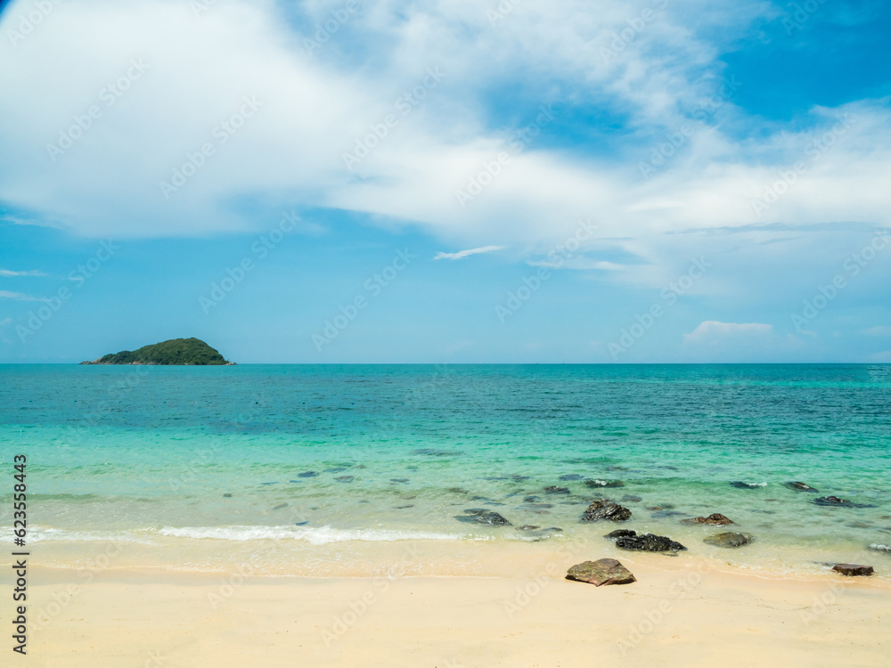 Beautiful Landscape summer panorama front view wide island tropical rock sea beach white sand clean and blue sky background calm Nature ocean wave water travel at  Beach thailand Chonburi