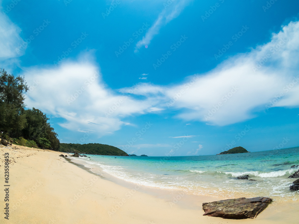 Beautiful Landscape summer panorama fisheye front view wide island tropical sea beach white sand clean and blue sky background calm Nature ocean wave water travel at  Beach thailand Chonburi