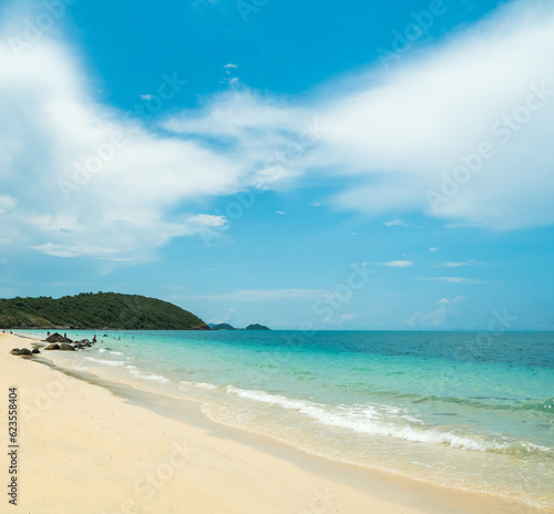 Fototapeta Naklejka Na Ścianę i Meble -  Beautiful Landscape summer panorama front view wide island tropical rock sea beach white sand clean and blue sky background calm Nature ocean wave water travel at  Beach thailand Chonburi