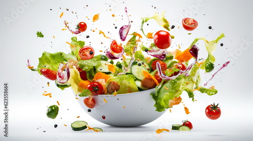 Vegetable salad in a bowl with flying ingredients and drops of olive oil.Generative AI photo