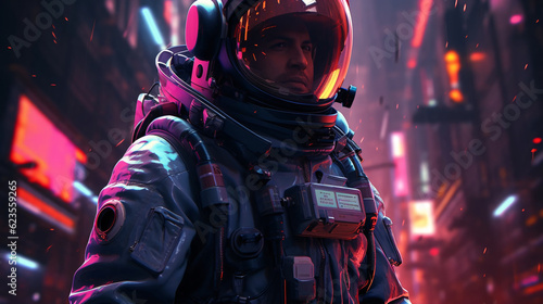 Neon night front view astronaut illustration of the astronaut in futuristic neon lit cyberpunk city