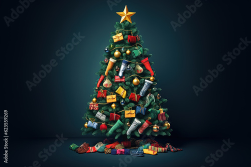 festive Christmas tree adorned with colorful socks. Generative AI