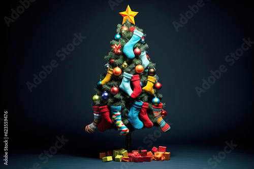 festive Christmas tree adorned with colorful socks. Generative AI