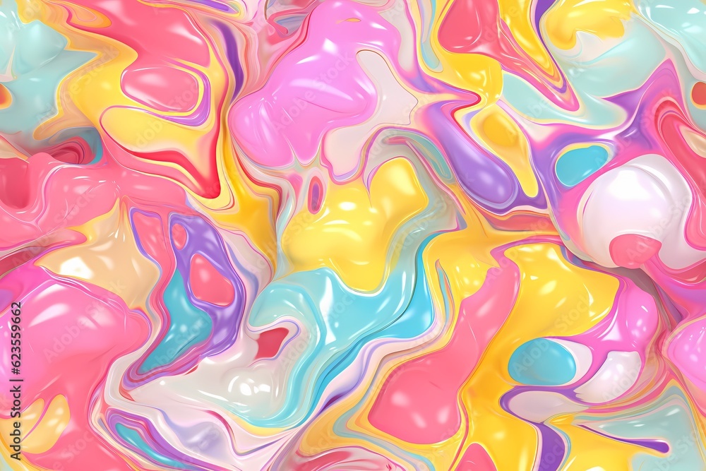 Seamless Pattern. Rainbow Liquid pastel wavy melted plastic texture. Wrinkle silicone sheet. Wrinkle background. Notches of rubber sheet. Art illustration. Generative Ai.