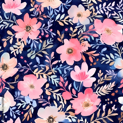 seamless pattern. pink watercolor floral pink flower fabric, in the style of light orange and navy, playful use of texture.