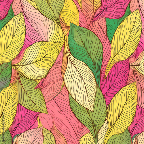 seamless pattern with leaves yellow  green  pink colours 