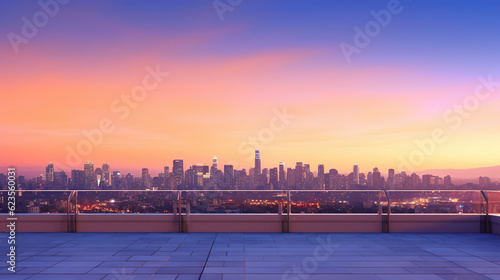 Stunning views of the city skyline from the rooftop terrace. Panoramic view on luxury penthouse roof at colorful sunset. View of buildings in front of the big city at sunset. Generative AI