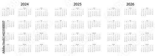 Calendar 2024 - 2026 years. Vector illustration