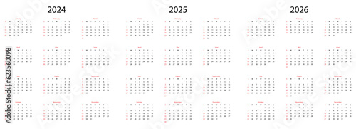 Calendar 2024, calendar 2025, calendar 2026. The week starts on Sunday. Vector illustration